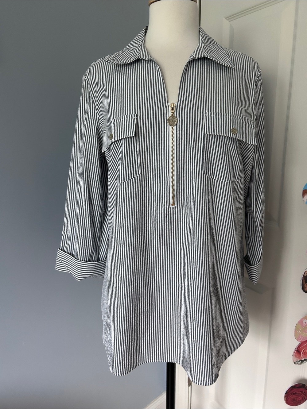 Anne Klein Navy and White Striped Zip-Front Tunic